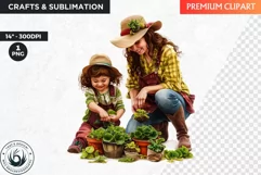 Watercolor Mothers day Clipart,Mother child gardening,spring Product Image 1