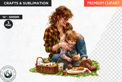 Watercolor Mothers day Clipart,Mother child picnic, spring Product Image 1