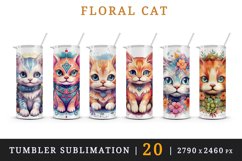 20 watercolor cute floral cat adorable kitty with flowers animal pet in charming style design wraps sublimation bundle for 20 oz tumbler