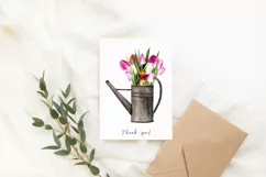 Watercolor tulip clipart in watering can. Spring flowers PNG Product Image 9