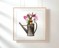 Watercolor tulip clipart in watering can. Spring flowers PNG Product Image 8