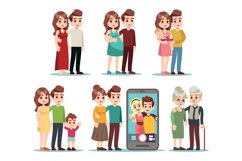 Happy family stages. Cartoon kid parents, young mom father a Product Image 1