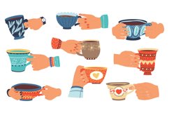 Hands with cups. People hold ceramic dishes with hot tea. Mo Product Image 1