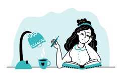 Girl and diary. Woman write journal, young student studying Product Image 1