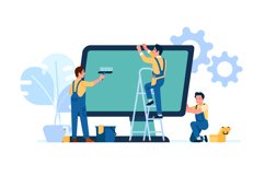 Repair service employees diagnose computer. Workers fix devi Product Image 1