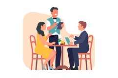 Man and woman sit at table in cafe and waiter takes their or Product Image 1