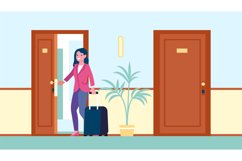 Woman tourist with suitcase walks into hotel room. Female op Product Image 1