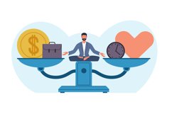 Man sits on huge scale, balancing finances and love. Choosin Product Image 1