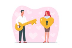 Metaphor for love, man holding golden key to woman heart loc Product Image 1