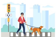 Blind man with guide dog crosses road at traffic light with Product Image 1