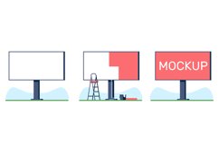 Different stages of sticking ads on large city billboard. In Product Image 1