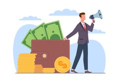 Successful man holds megaphone or loudspeaker and shows wall Product Image 1