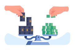 Oil market opposing or competing. Petrol barrels on scale a Product Image 1