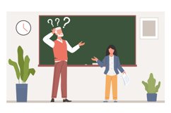 Bewildered teacher stands at blackboard. Confused man with q Product Image 1
