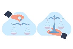 Businessman hand holds scales. Libra measuring device with e Product Image 1