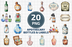 Vintage Apothecary Bottles &amp; Labels Clipart 20 PNG Set Product Image 1