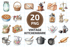 Vintage Kitchenware Watercolor Clipart PNG Bundle Product Image 1