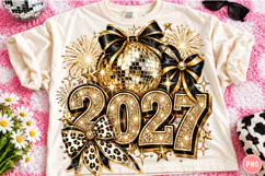 2027 New Year Disco Ball PNG | Black Gold Leopard Bow Party Product Image 1