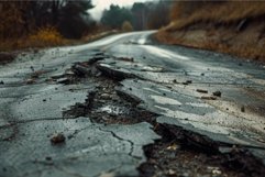 Crumbling asphalt road after rain Product Image 1