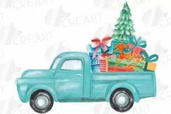 Watercolor Christmas truck clip art. Retro trucks decoration Product Image 12