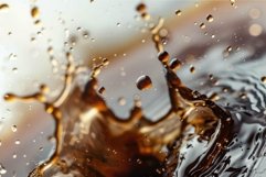 Dark brown liquid splashing upwards creating drops Product Image 1