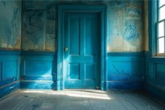 Sunlight illuminating old blue room with closed door Product Image 1