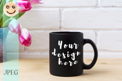 Black coffee mug mockup with magenta tulip Product Image 1