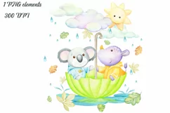 watercolor animals clipart, panda, rhino, umbrella, clouds, Product Image 1