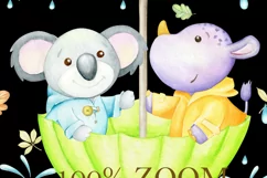 watercolor animals clipart, panda, rhino, umbrella, clouds, Product Image 4