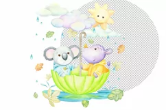 watercolor animals clipart, panda, rhino, umbrella, clouds, Product Image 2
