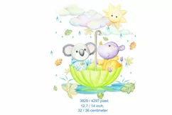 watercolor animals clipart, panda, rhino, umbrella, clouds, Product Image 3