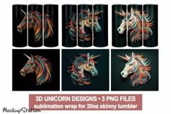 Unicorn 3D Tumbler Wrap PNG| Neon Rainbow Sublimate Product Image 1