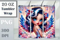 Retro patriotic girl with American flag colors and angel wings for 20 oz sublimation tumbler