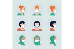Women with white masks flat vector character avatar set Product Image 1