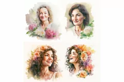 4 Happy Moms with flowers Portrait | Mother's day Watecolor Product Image 4