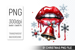 Watercolor Christmas Lips Clipart PNG Bundle, Festive Lips Product Image 16