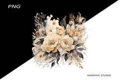 Black and Gold Flowers PNG, Watercolor Floral, Bouquet Product Image 1