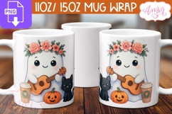 Cute Halloween mug wrap PNG, Cute ghost playing ukulele Product Image 2