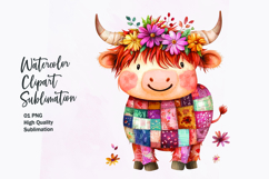 Watercolor kawaii highland cow patchwork patterned clipart Product Image 1