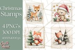 Vintage Christmas Stamp Clipart PNG Watercolor Product Image 1