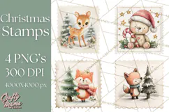 Vintage Christmas Stamp Clipart PNG Watercolor Product Image 1