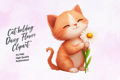 Cat holding daisy flower watercolor clipart Product Image 1