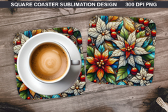 Poinsettias Coaster Sublimation, Christmas Coaster PNG Product Image 1