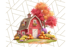 Fall Barn Clipart PNG With Pumpkins and Flowers, Autumn Png Product Image 5