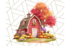 Fall Barn Clipart PNG With Pumpkins and Flowers, Autumn Png Product Image 5