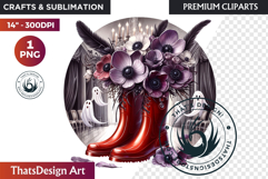 Halloween Floral Rain Boots - Cute Witchy Garden Clipart PNG Product Image 1