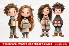 2 Whimsical Winter Kids Clipart | Cute Winter Kids PNG Product Image 1