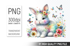 Floral Bunny Clipart PNG, Watercolor Animal with Flowers Product Image 1