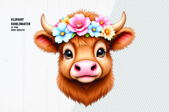 Cute cow, crown flower, watercolor clipart Product Image 1