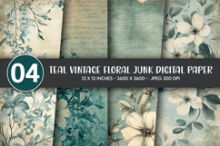 Teal Vintage Floral Junk Digital Paper Product Image 1